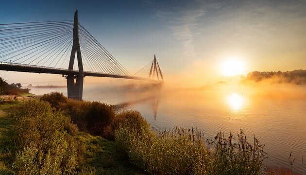 modern cable stayed bridge at sunrise over foggy river