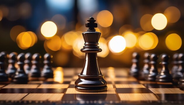 black king chess piece on board with blurred pawns and warm bokeh lights in background symbolizing leadership and strategy in business