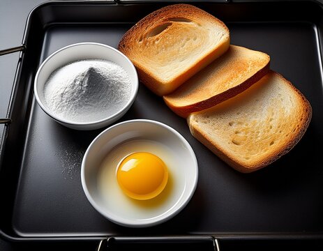 ingredients for making toat on a black tray includig flour egg and sliced bead ready to cook
