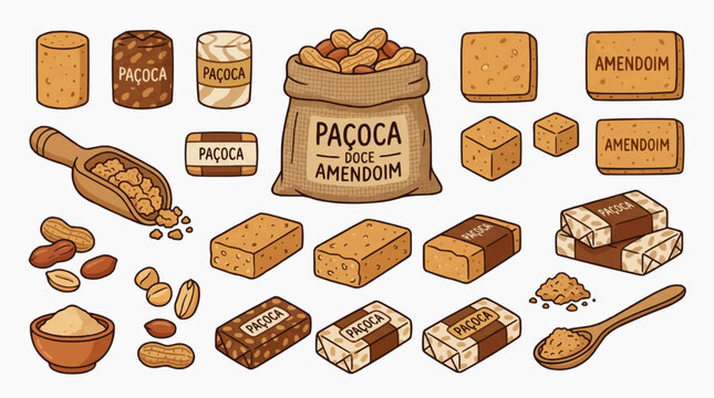 Pa&ccedil;oca Brazilian Peanut Candy Flat Illustration Set, Traditional Sweet Snack Vector Elements