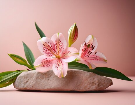 natural stone decorated wih pink alstroemeria flower on soft pink gradient pefect for cosmetics jewelr or product display podiu visuals copy space