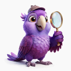Fototapeta premium Cute Chibi Purple Macaw Detective 3D Character with Magnifying Glass, Bird Mascot