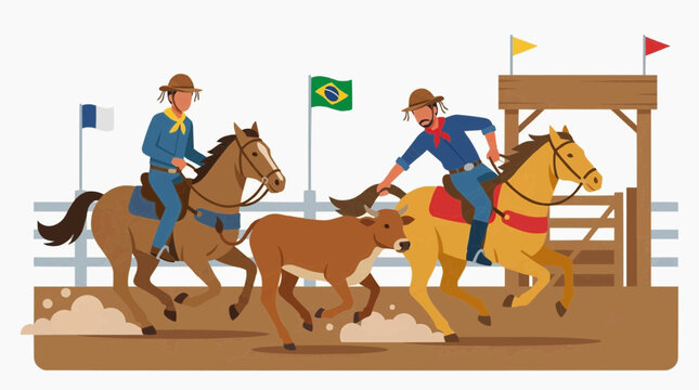 Vaquejada Brazilian Rodeo Flat Illustration Set, Traditional Northeastern Cowboy Sport Vector