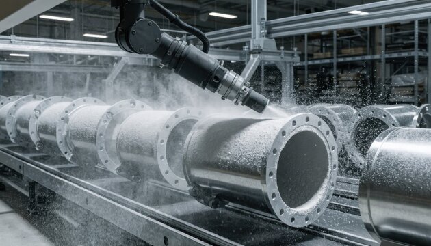 Automated system applying powdercoat finish to pump casings showcasing even coverage and surface preparation for corrosion resistance in modern production line.