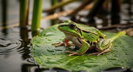 Obraz premium Vibrant Green Frog Perched on a Lily Pad in Tranquil Waters.