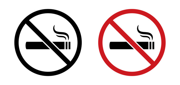 No smoking sign icon set with cigarette and prohibition symbol. Smoking ban and no tobacco signage for workplace safety, public areas and health compliance designs