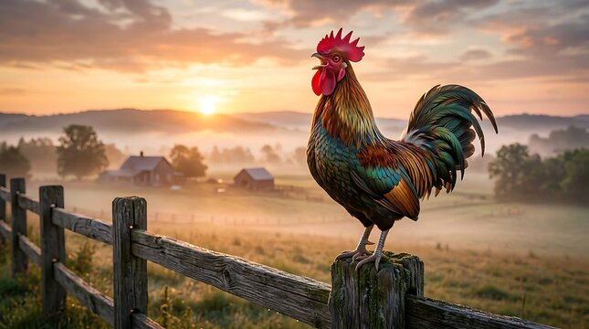 Rooster crowing on a wooden fence at sunrise in a foggy farm landscape