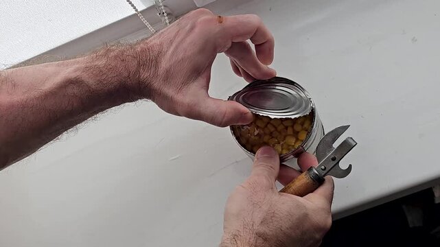 Hands opening tin can with corn kernels, close-up. Showing how to open a can with pull tab. Corns canned goods non-perishable food storage products in the home kitchen.