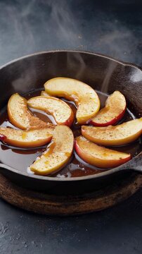 Apple slices cooking in brown sugar syrup with steam rising