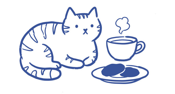 Cat sitting beside tea cup and cookies hand drawn naive doodle vector illustration. Cozy tea time pet scene, dessert snack, cute character. Sticker design.