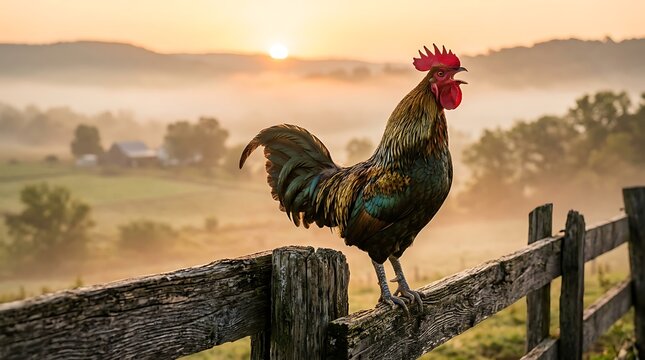 Misty morning farm landscape with a crowing rooster on a fence