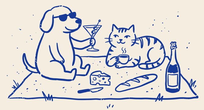 Cat and dog picnic with wine and cheese hand drawn naive doodle vector illustration. Outdoor pet scene, summer food theme. Poster design.