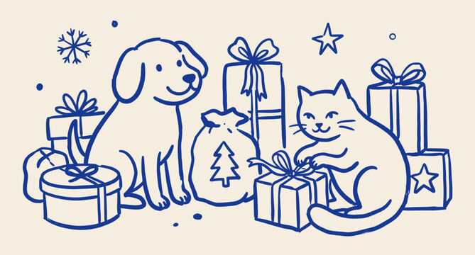 Cat and dog Christmas gift scene hand drawn naive doodle vector illustration. Holiday winter pets, festive presents. Greeting card design.