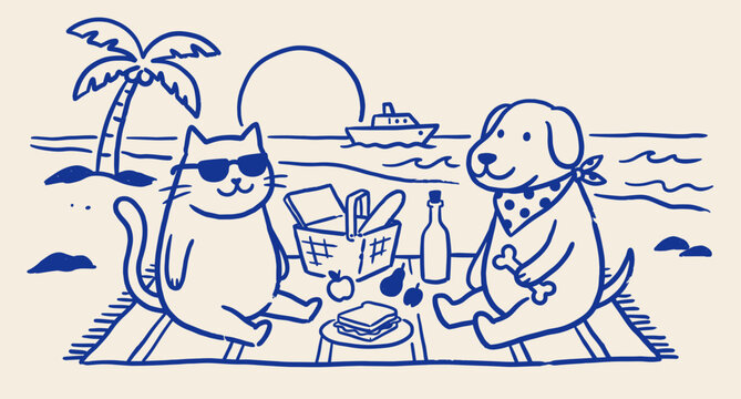Cat and dog summer beach picnic hand drawn naive doodle vector illustration. Vacation pet scene, sunny outdoor food theme. Poster design.
