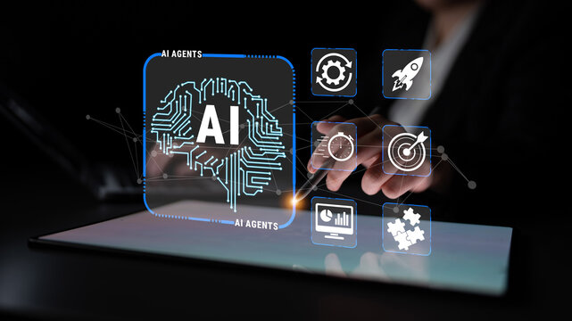 Futuristic Concept with AI Brain, Digital Interface, and Business Analytics Representations for Technology and Innovation in Modern Workspace Quark.