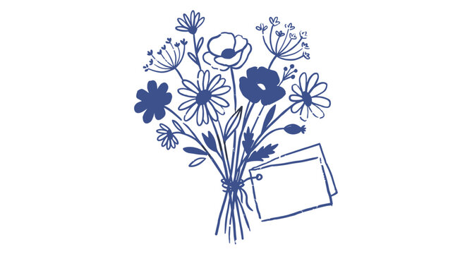 Wildflower bouquet with greeting card hand drawn naive doodle vector illustration. Rustic floral gift, natural flowers, note card. Postcard design.