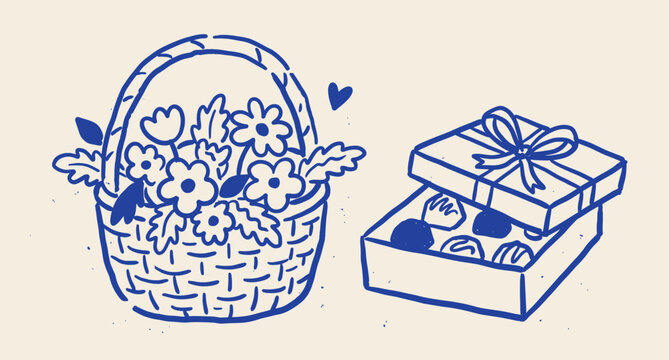Flower basket with chocolate box hand drawn naive doodle vector illustration. Gift hamper floral sweet set. Packaging design.