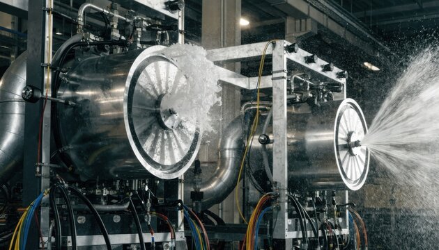 Medium shot capturing burst testing on compressors with advanced automated test benches highlighting pressure buildup and performance measurements on programmable rigs.