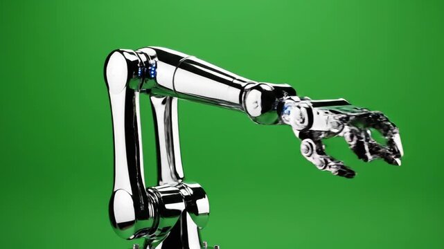 A chrome robotic arm with blue lights moves precisely on a green screen, demonstrating industrial automation.