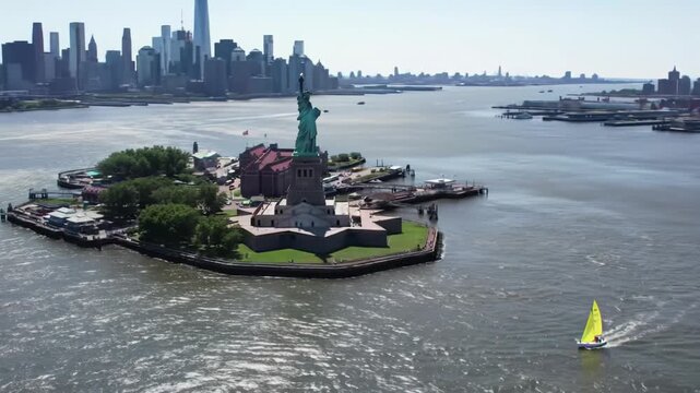Breathtaking high-angle aerial drone video panning new york harbor with the iconic statue of liberty, ellis island, and vibrant manhattan & jersey city skylines under golden light, symbolizing
