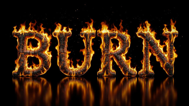 This illustration shows the English word BURN formed by glowing charcoal letters engulfed in realistic fire flames with a dark reflection. Generative AI.