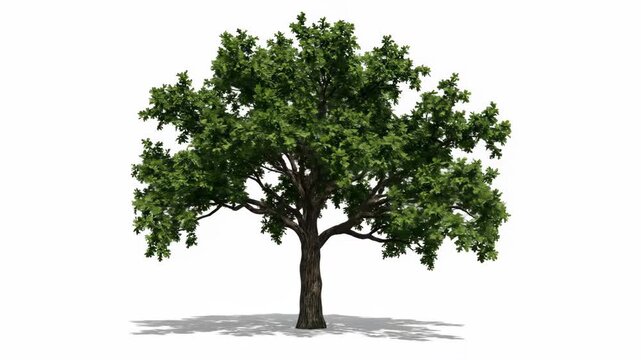 A beautiful deciduous tree with rich green leaves and sturdy branches stands alone on a white backdrop. Perfect for architectural visualization or landscape design projects.