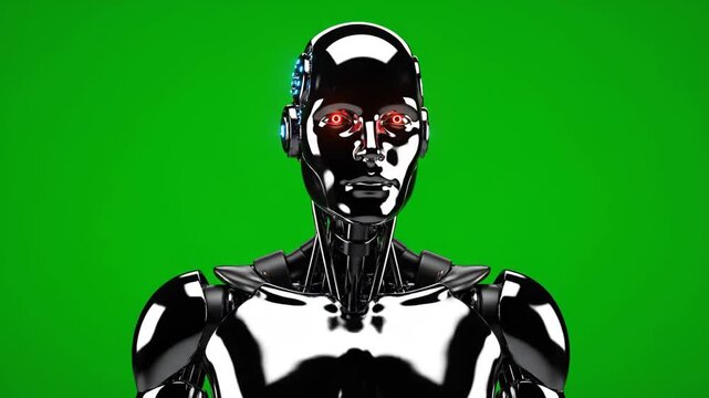 A detailed close-up of a sophisticated humanoid robot featuring reflective metallic skin and glowing red eyes. Ideal for AI, science fiction, and future tech projects with easy compositing.