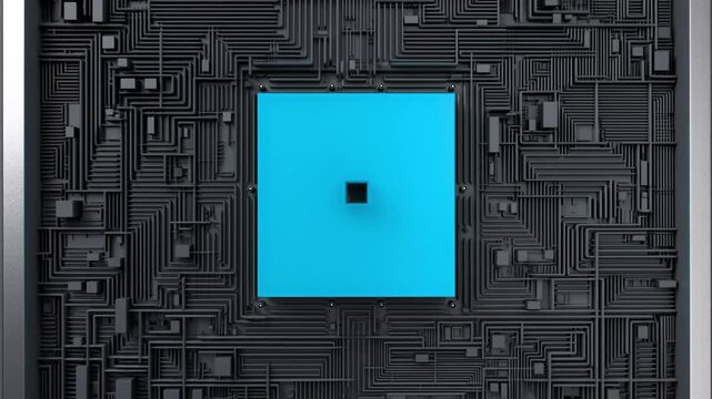 量子プロセッサの精密回路基板にチップが結合し発光するハイテク背景