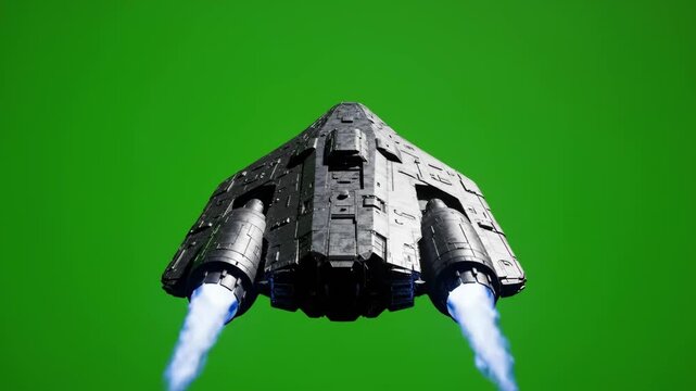 A futuristic sci-fi spaceship with powerful engines firing, flying upwards against a green screen. Ideal for compositing.