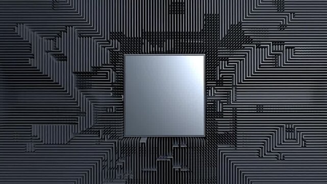 量子プロセッサの精密回路基板にチップが結合しシアン色に発光する背景