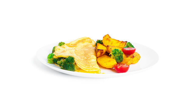 Omelet with broccoli and baked potatoes isolated on a white background.