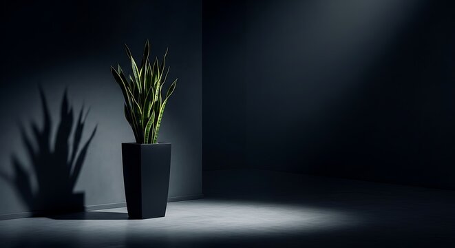 Snake plant in a dark moody room, dramatic lighting, shadow play, modern aesthetic, minimalist interior, striking botanical contrast and texture.