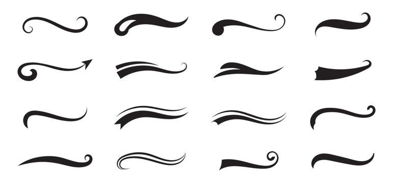 Sporty swirling tail football and baseball typography swashes. Swirled plume curly tails for retro style text vector set