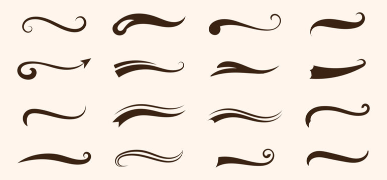 Swoosh and swash tails collection. Swish typography font elements for athletics, baseball, football decoration. Sporty swirling tail icon vector elements set.