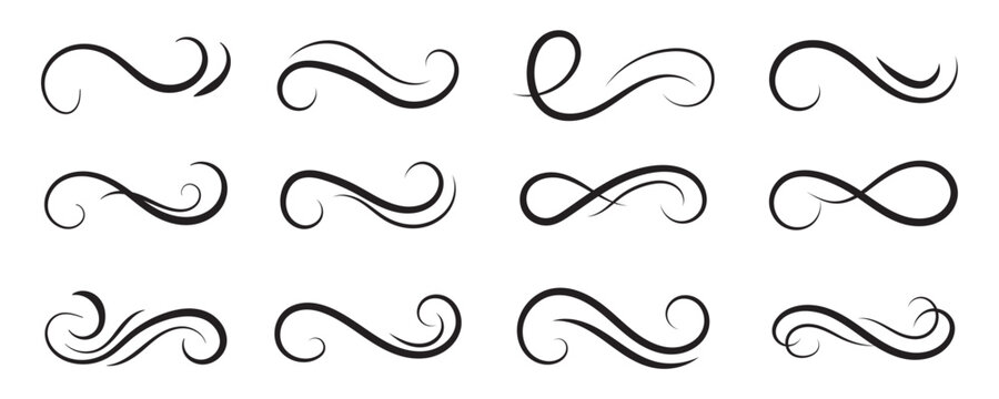Sporty swirling tail icon in flat line set. football, baseball typography swashes Texting tail for lettering or old varsity sport logo vector for apps or web retro isolated on transparent background
