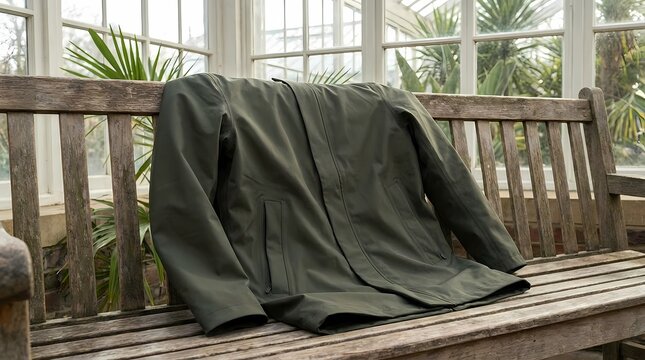 Green Blanket Draped Over Wooden Bench in Winter Park, Cozy Outdoor Scene