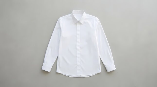 White Button-Down Dress Shirt Isolated on Gray Background, Long Sleeve Formal Clothing Mockup