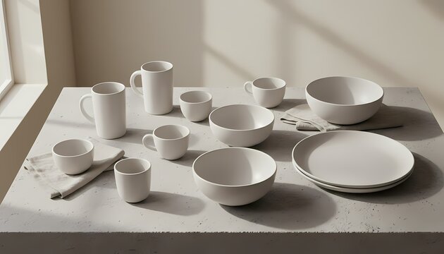 White Ceramic Tableware Set on Minimal Dining Table in Natural Light