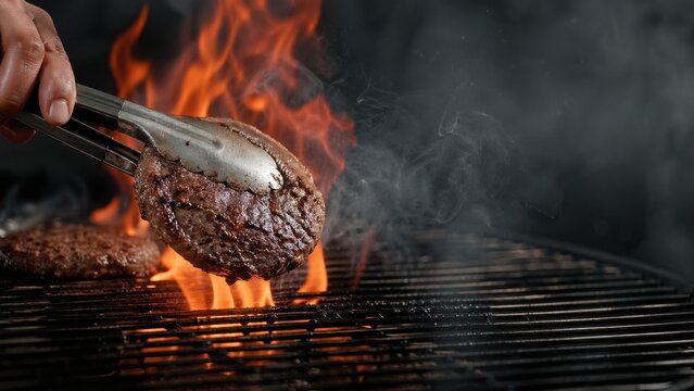 Chef grilling juicy steak on flaming charcoal barbecue grill with smoke and fire