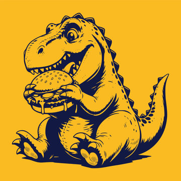 Funny T-Rex Dinosaur Eating Giant Burger Cartoon Illustration