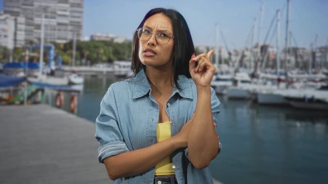 Woman wearing glasses points finger and holds forearm while standing on a marina pier near moored boats; disapproval assertive communication.