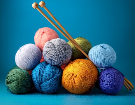 colorful yarn balls and knitting needles colorful yarn balls and knitting needles on a blue background perfect for craft and hobby projects