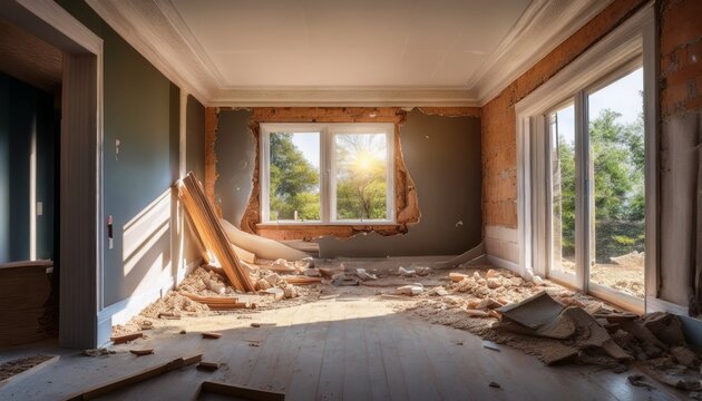 interior construction site reveals a broken wall with exposed studs dust and rubble debris in a realistic home renovation concept