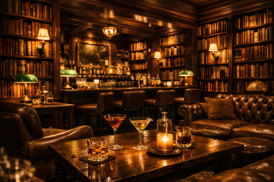 Cozy speakeasy library bar with cocktails and leather seating