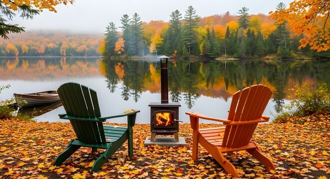 Two chairs facing a cozy wood stove by a tranquil autumn lake.