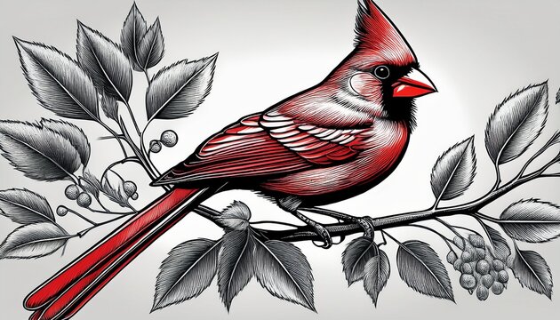 elegant cardinal line art design striking monochrome depiction of a noble crested bird on a branch with foliage this classic hand drawn sketch conveys timeless sophistication and natural wonder
