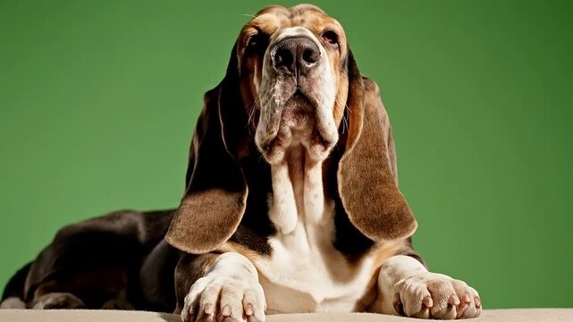 Basset Hound Resting with Droopy Ears and Calm Expression on Light Surface Against Green Background