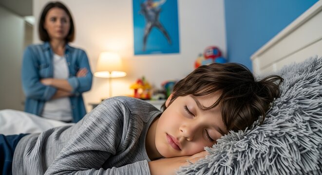 Concerned Mother Watching Her Son Sleeping Peacefully in Bedroom.