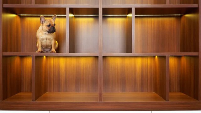 Cute, slightly confused dog sits in one cubby of empty, symmetrical rectangular shelves, looking around and straight at camera. Amusing French Bulldog poses alone, all cubby sections illuminated