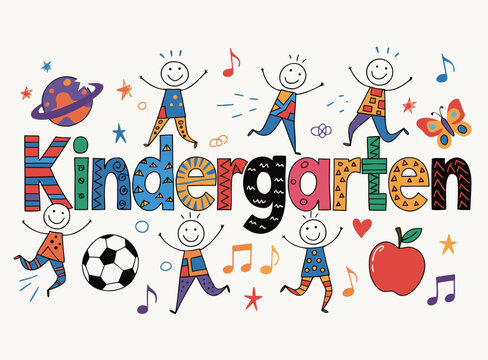 Vibrant hand drawn kindergarten banner with stick figure children playing